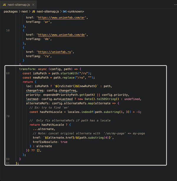 code snippets for transforming sitemap result