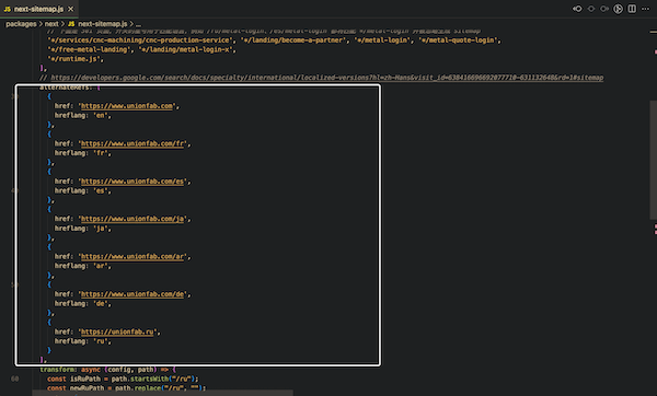 code snippets of alternate settings in sitemap script file